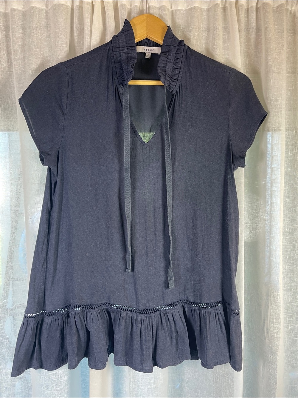 Ro & De by Anthropologie Navy Short-Sleeve Ruffle-Hem Tie-Neck Tunic